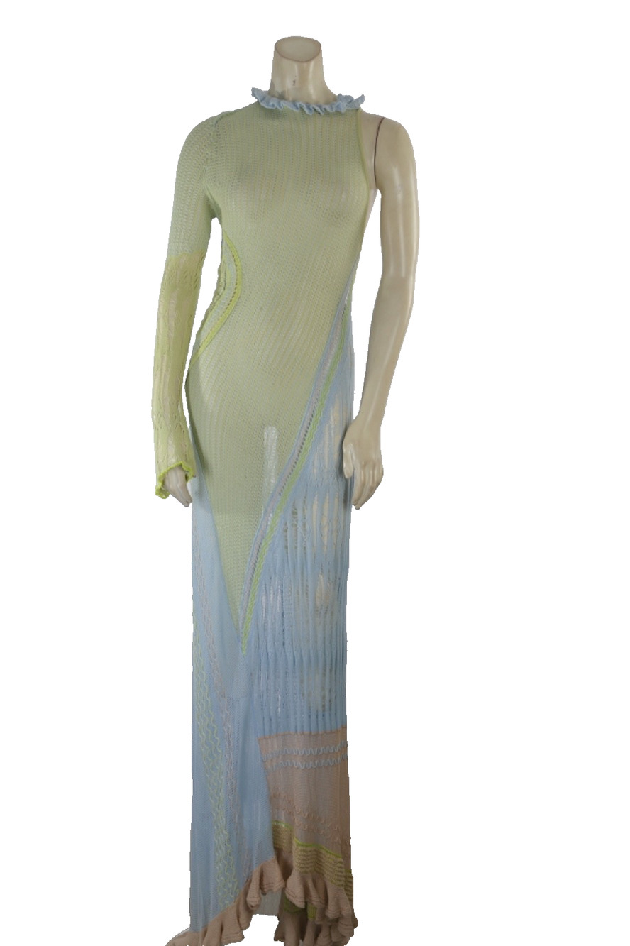 Roberta Einer Bianca Asymmetric Knit Maxi Dress M Lime Blue One Shoulder Sheer